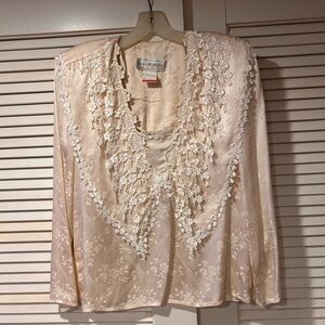 Jessica McClintock vintage ivory/cream silk and lace floral blouse size 8.